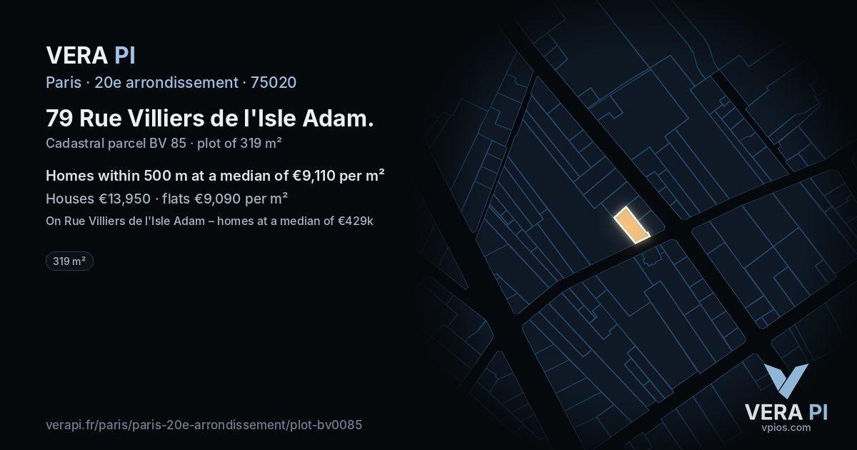 79 Rue Villiers de l'Isle Adam, 20e arrondissement at night – the plot lit, the parcels around coloured by the prices near them