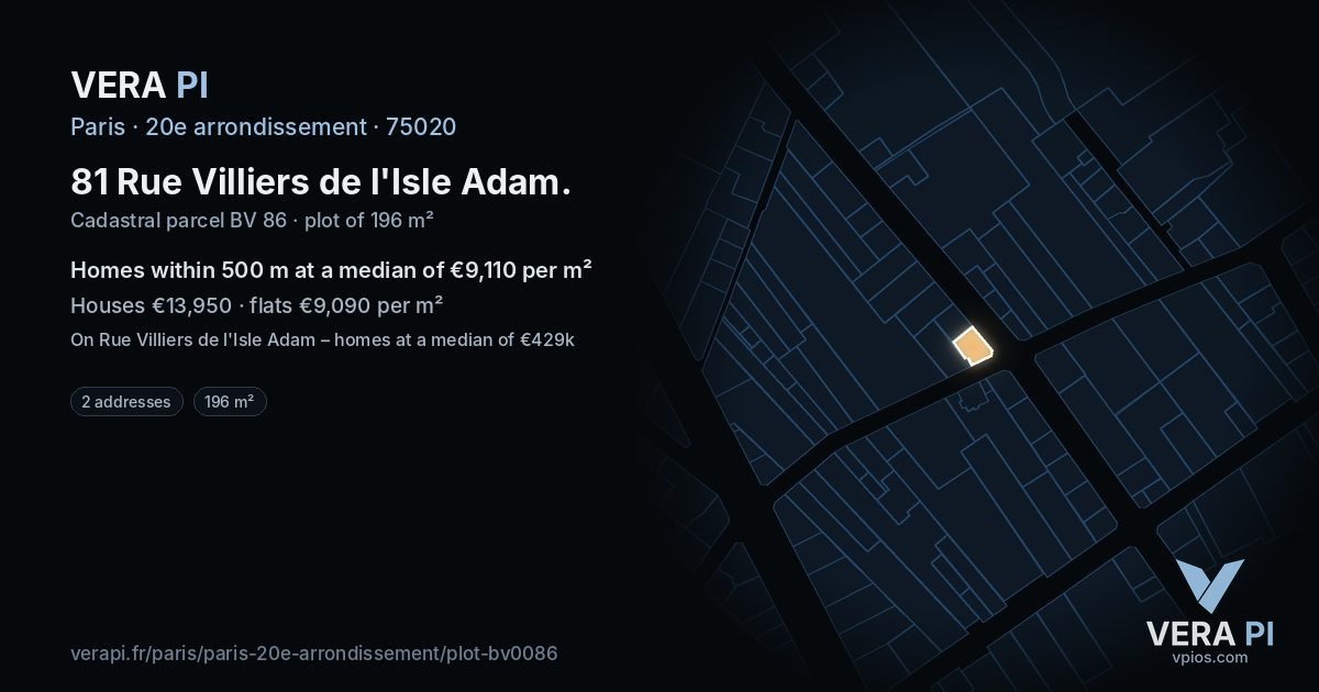 81 Rue Villiers de l'Isle Adam, 20e arrondissement at night – the plot lit, the parcels around coloured by the prices near them