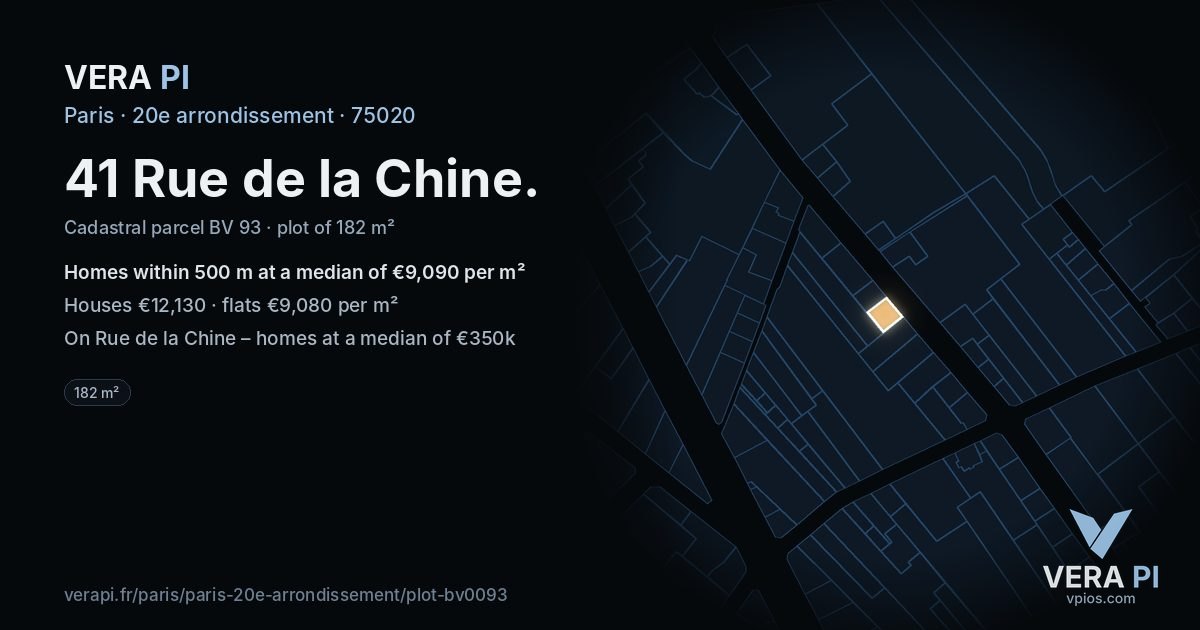 41 Rue de la Chine, 20e arrondissement at night – the plot lit, the parcels around coloured by the prices near them
