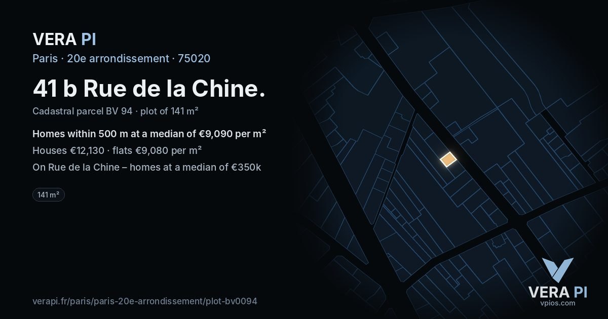 41 b Rue de la Chine, 20e arrondissement at night – the plot lit, the parcels around coloured by the prices near them