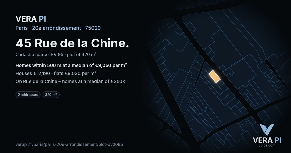 45 Rue de la Chine, 20e arrondissement at night – the plot lit, the parcels around coloured by the prices near them