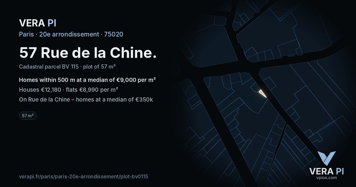 57 Rue de la Chine, 20e arrondissement at night – the plot lit, the parcels around coloured by the prices near them
