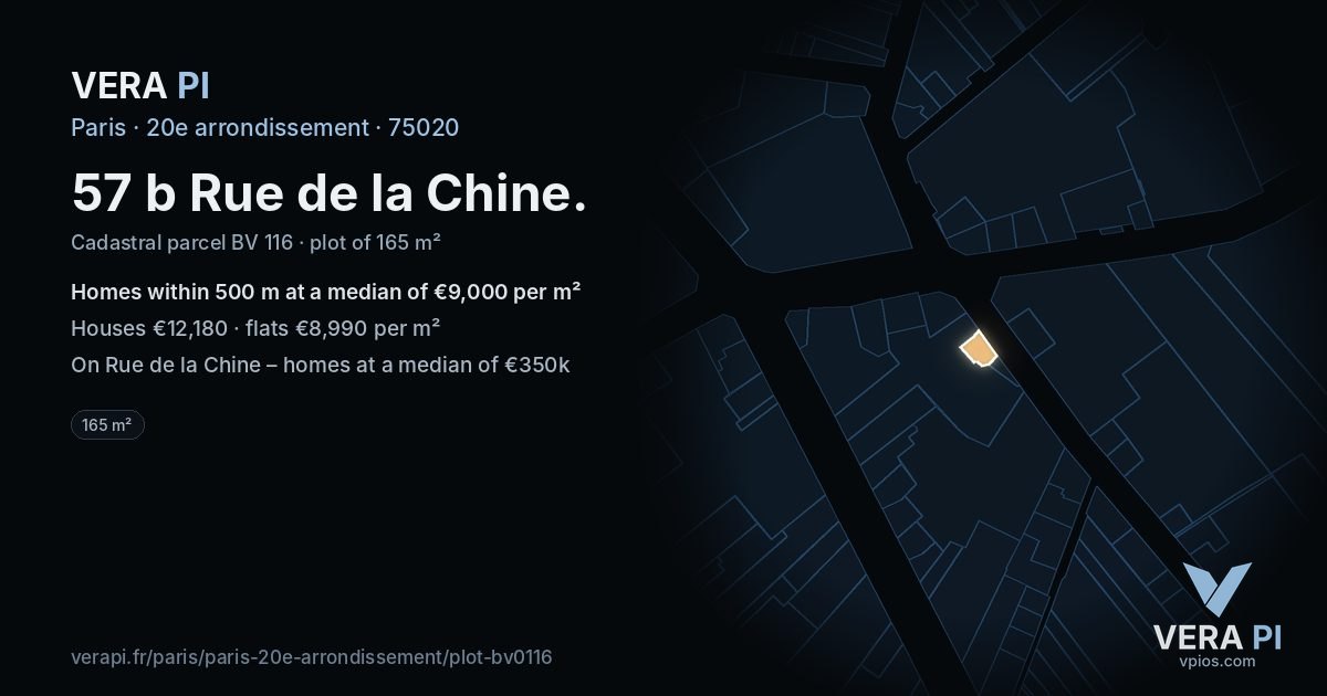 57 b Rue de la Chine, 20e arrondissement at night – the plot lit, the parcels around coloured by the prices near them