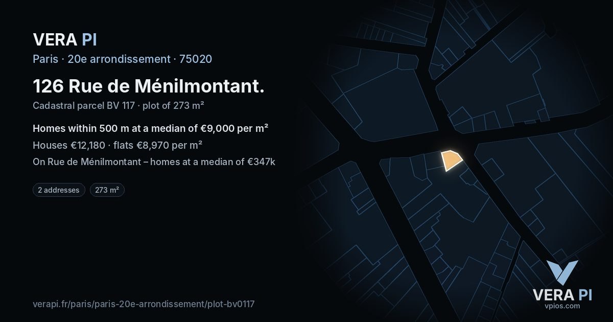 126 Rue de Ménilmontant, 20e arrondissement at night – the plot lit, the parcels around coloured by the prices near them