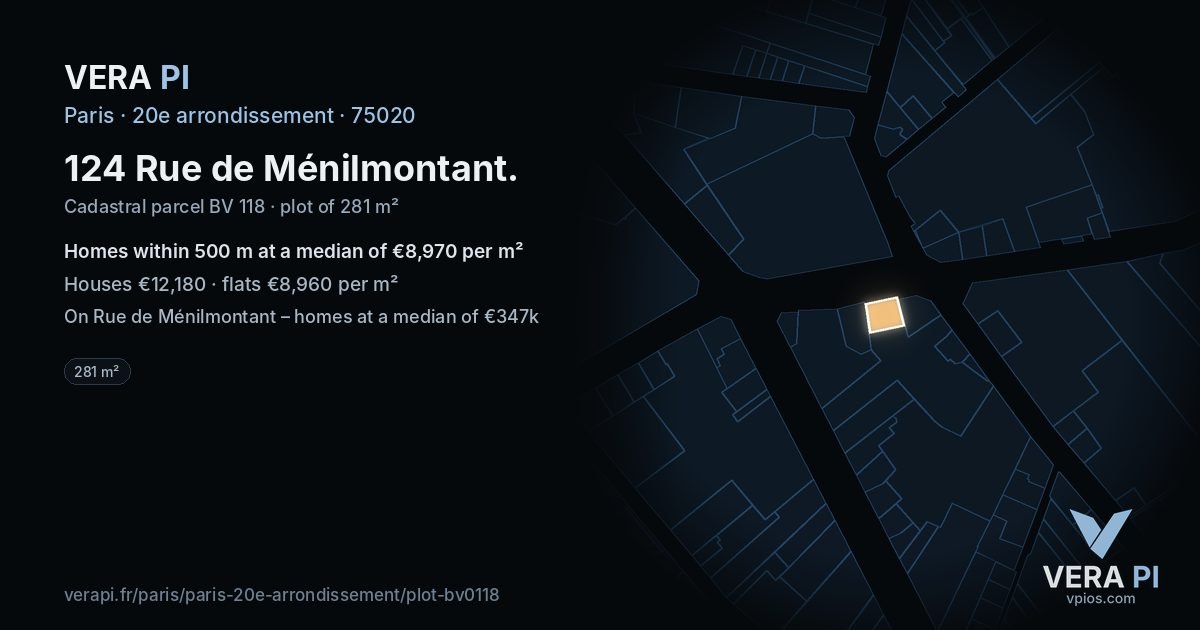 124 Rue de Ménilmontant, 20e arrondissement at night – the plot lit, the parcels around coloured by the prices near them