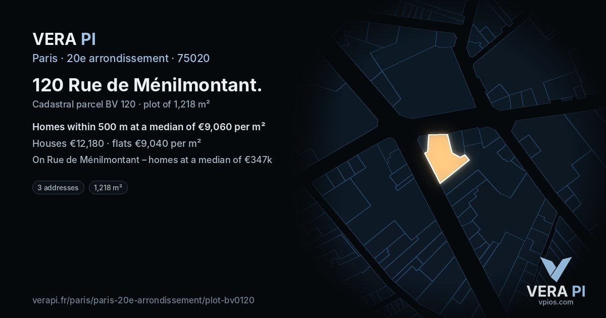 120 Rue de Ménilmontant, 20e arrondissement at night – the plot lit, the parcels around coloured by the prices near them