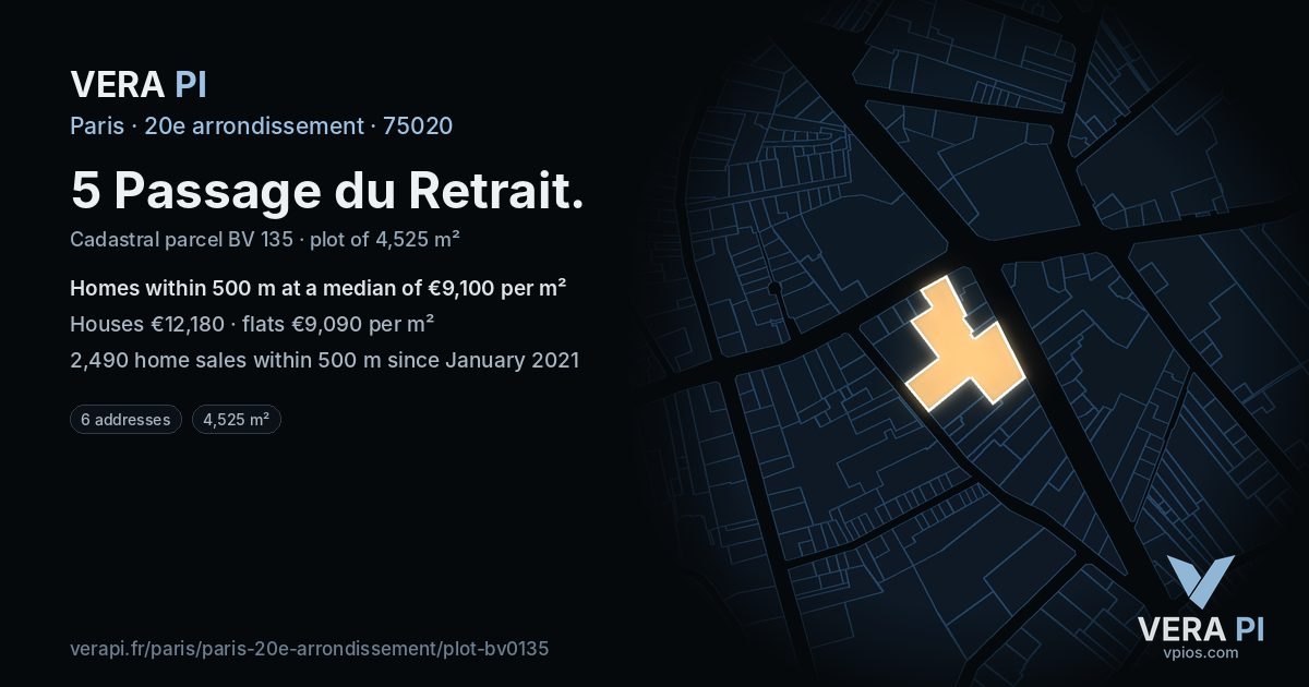 5 Passage du Retrait, 20e arrondissement at night – the plot lit, the parcels around coloured by the prices near them
