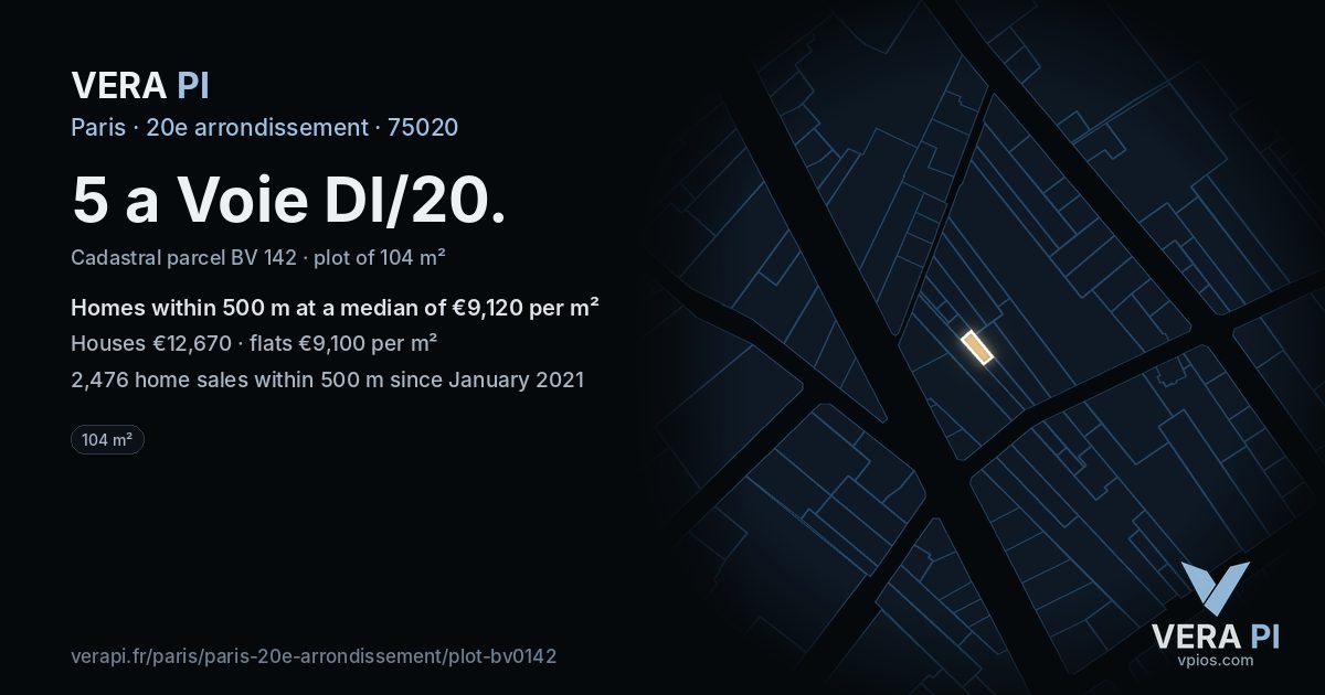5 a Voie Dl/20, 20e arrondissement at night – the plot lit, the parcels around coloured by the prices near them