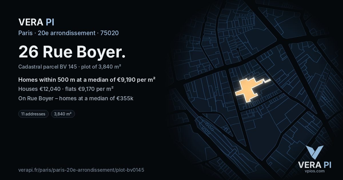 26 Rue Boyer, 20e arrondissement at night – the plot lit, the parcels around coloured by the prices near them