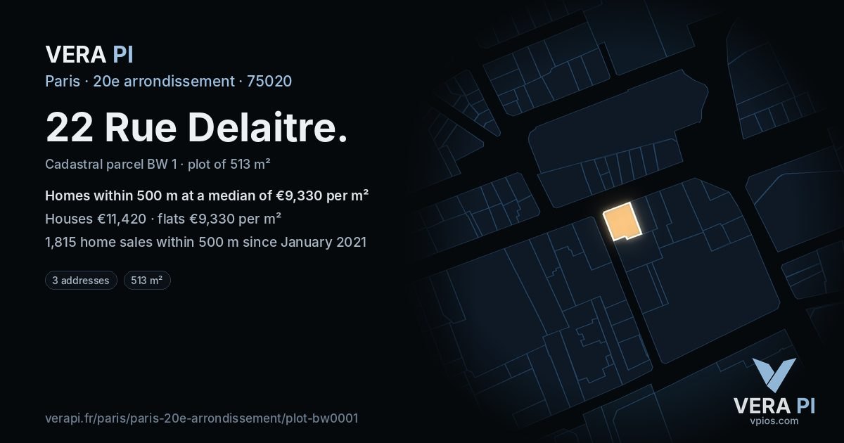 22 Rue Delaitre, 20e arrondissement at night – the plot lit, the parcels around coloured by the prices near them