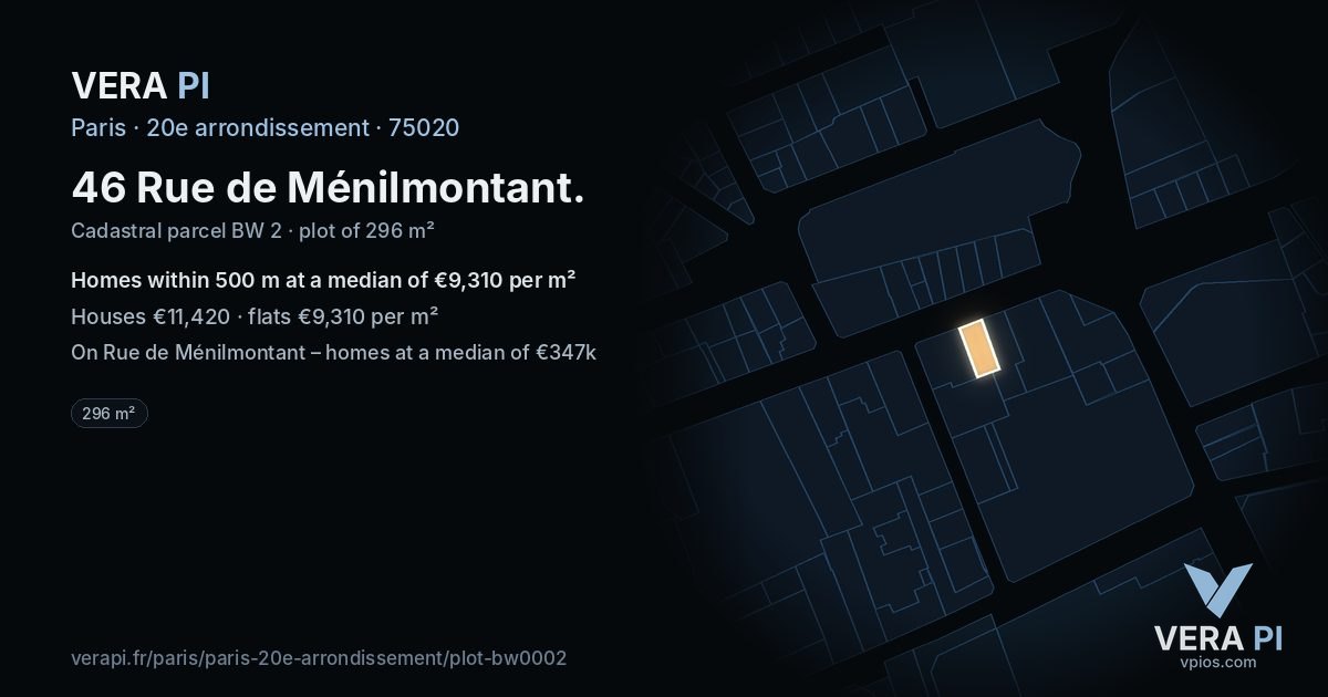 46 Rue de Ménilmontant, 20e arrondissement at night – the plot lit, the parcels around coloured by the prices near them