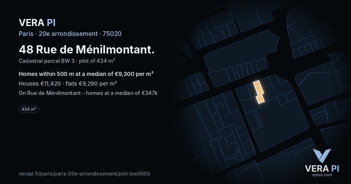 48 Rue de Ménilmontant, 20e arrondissement at night – the plot lit, the parcels around coloured by the prices near them