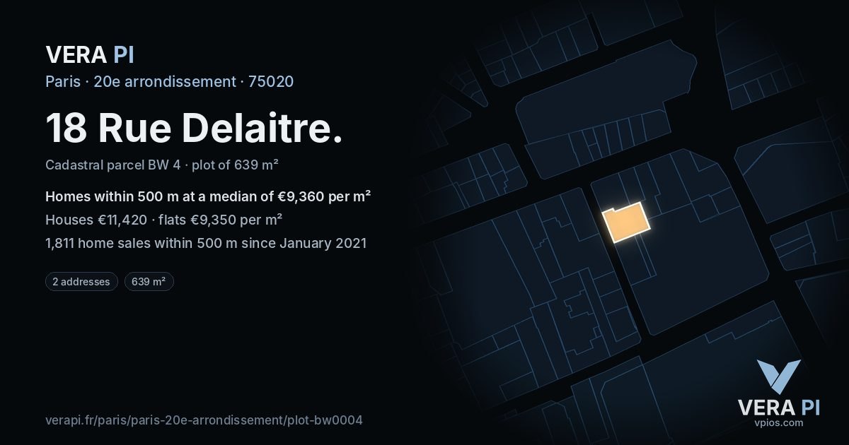 18 Rue Delaitre, 20e arrondissement at night – the plot lit, the parcels around coloured by the prices near them