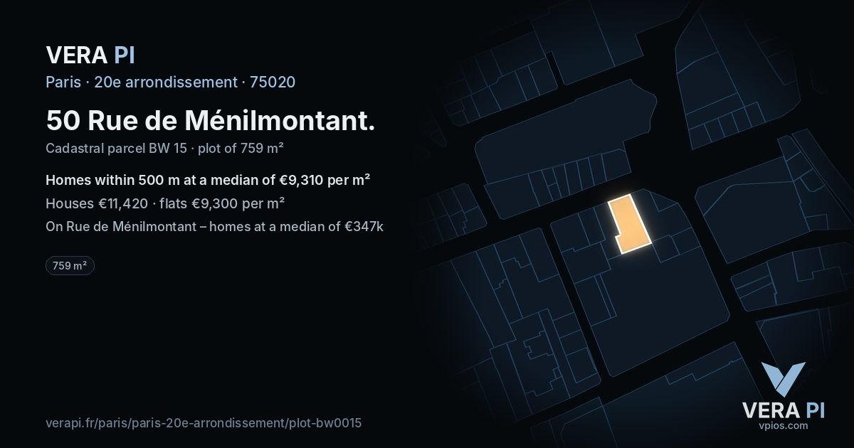 50 Rue de Ménilmontant, 20e arrondissement at night – the plot lit, the parcels around coloured by the prices near them
