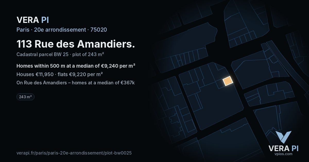 113 Rue des Amandiers, 20e arrondissement at night – the plot lit, the parcels around coloured by the prices near them
