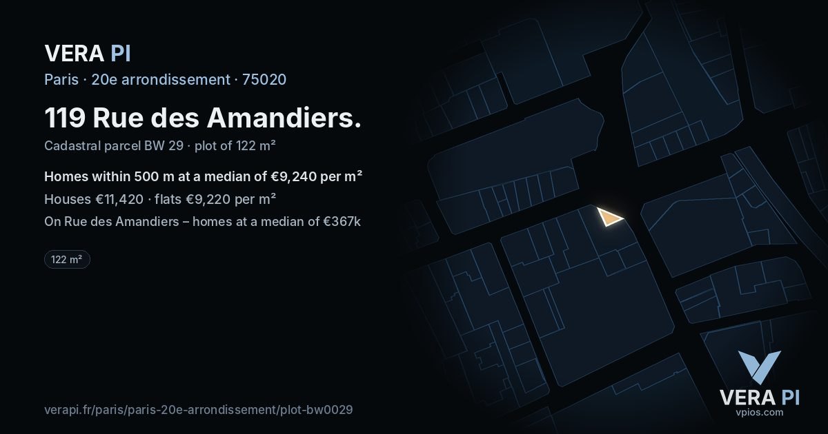 119 Rue des Amandiers, 20e arrondissement at night – the plot lit, the parcels around coloured by the prices near them