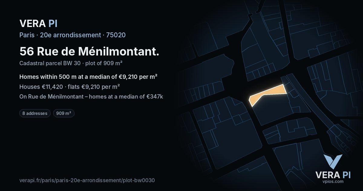 56 Rue de Ménilmontant, 20e arrondissement at night – the plot lit, the parcels around coloured by the prices near them