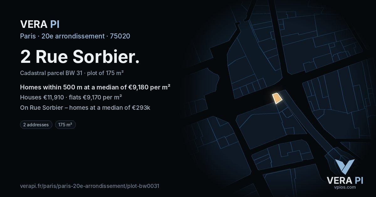 2 Rue Sorbier, 20e arrondissement at night – the plot lit, the parcels around coloured by the prices near them
