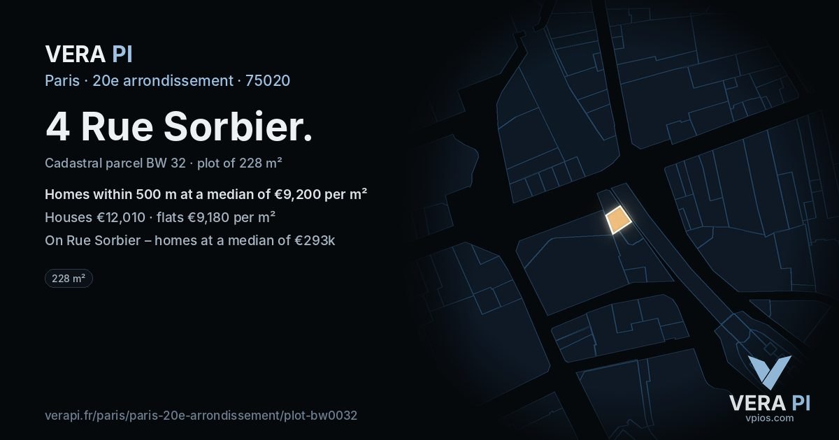 4 Rue Sorbier, 20e arrondissement at night – the plot lit, the parcels around coloured by the prices near them