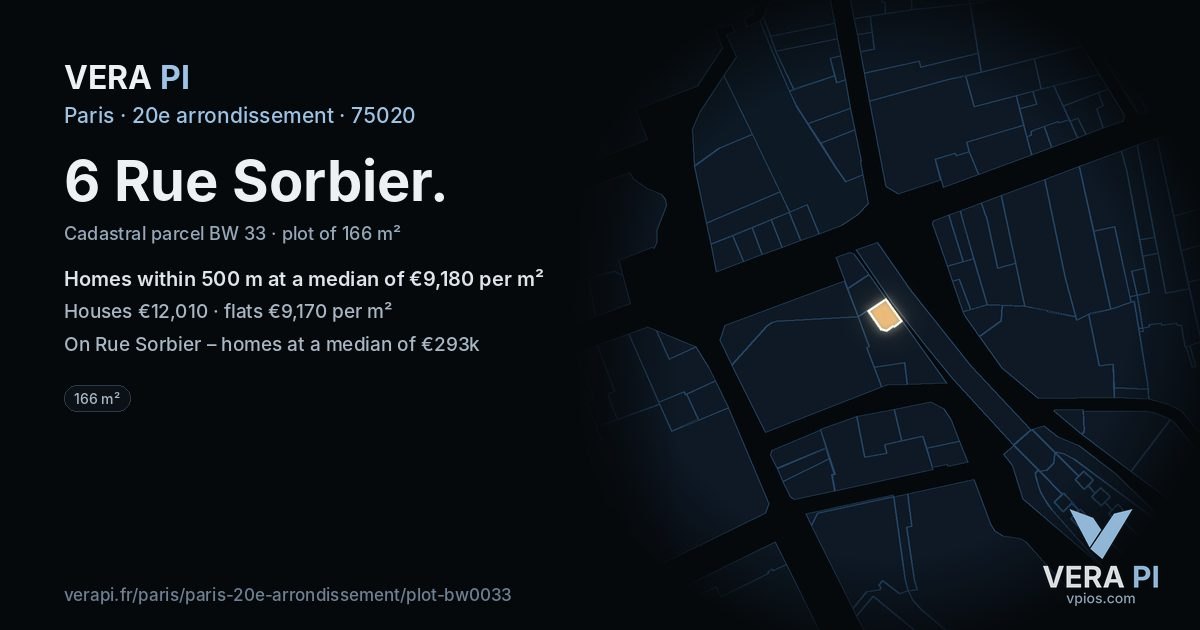 6 Rue Sorbier, 20e arrondissement at night – the plot lit, the parcels around coloured by the prices near them
