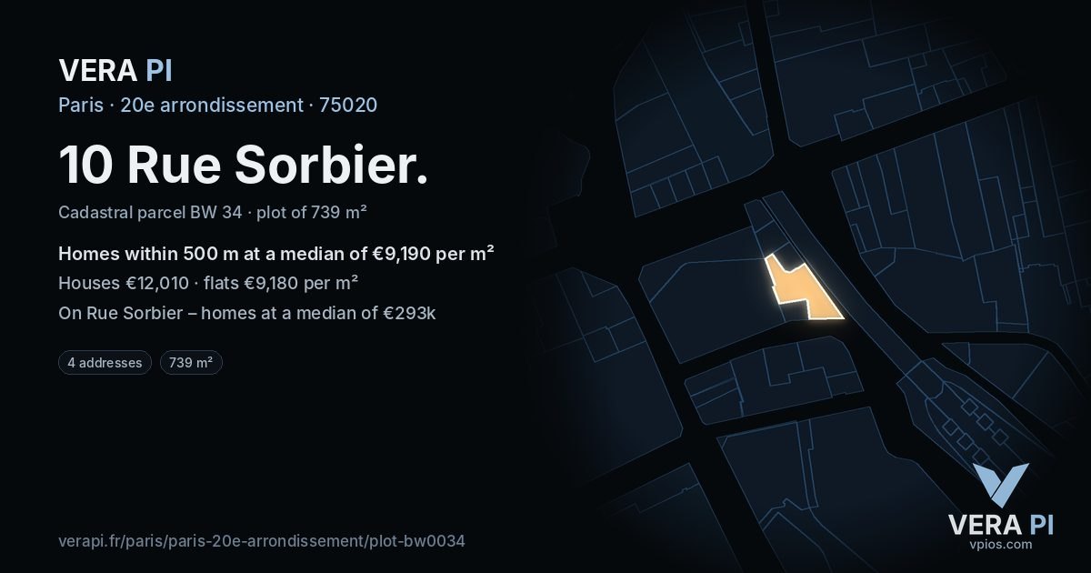 10 Rue Sorbier, 20e arrondissement at night – the plot lit, the parcels around coloured by the prices near them