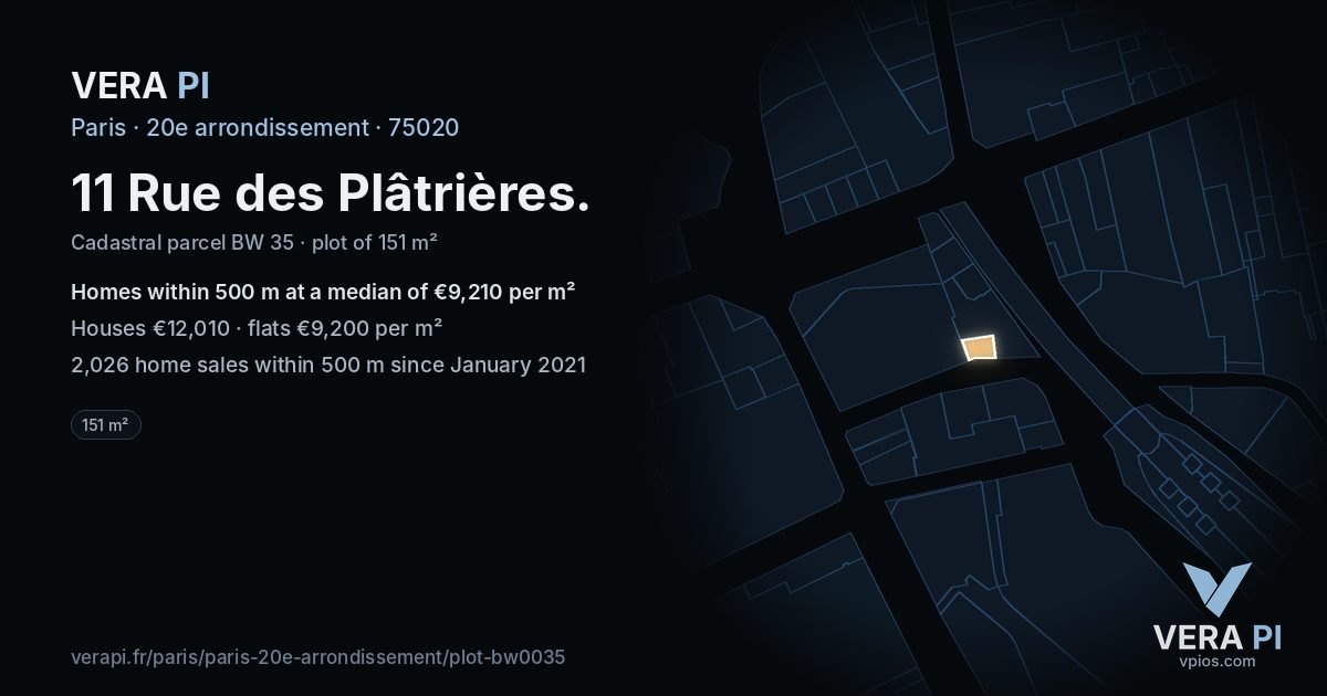 11 Rue des Plâtrières, 20e arrondissement at night – the plot lit, the parcels around coloured by the prices near them