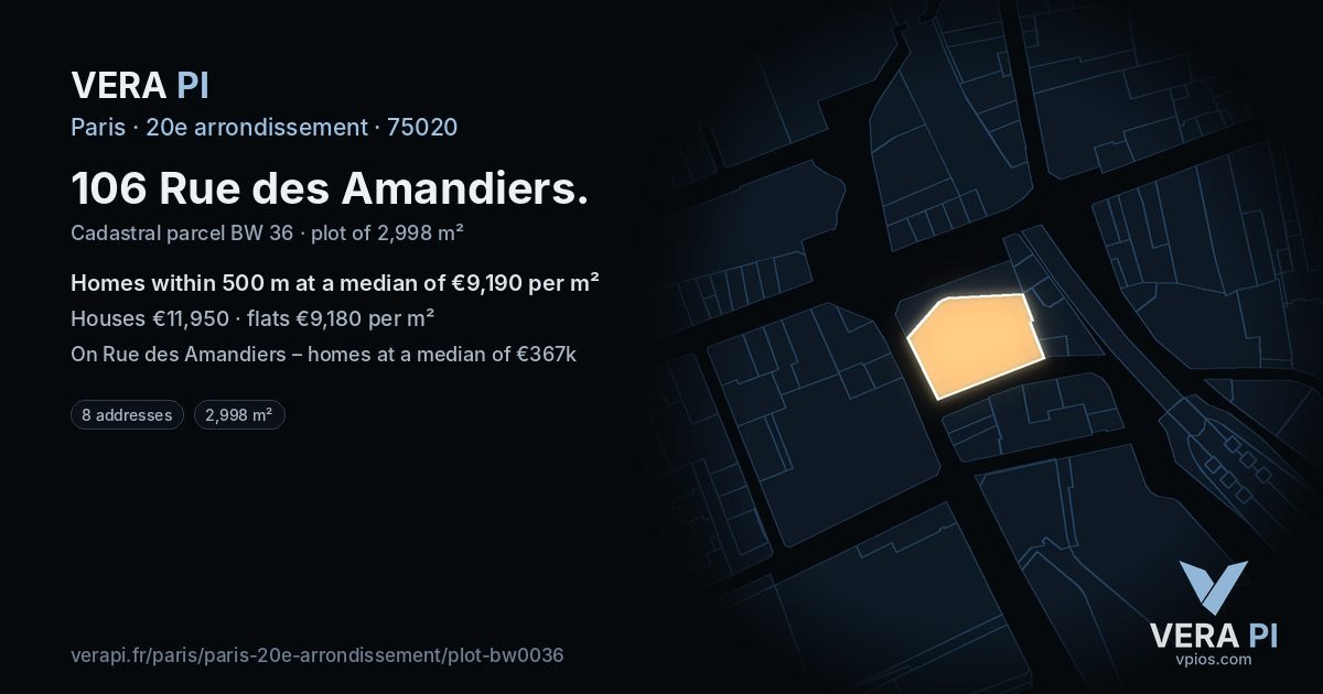 106 Rue des Amandiers, 20e arrondissement at night – the plot lit, the parcels around coloured by the prices near them