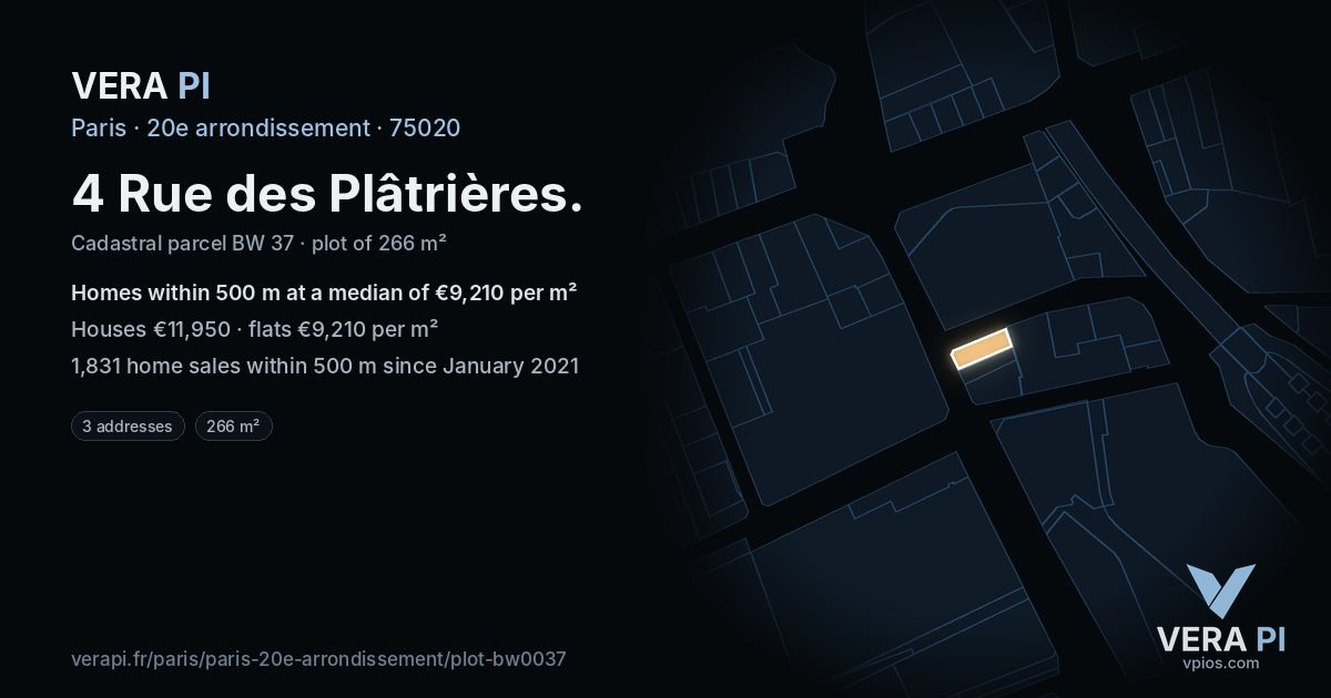 4 Rue des Plâtrières, 20e arrondissement at night – the plot lit, the parcels around coloured by the prices near them