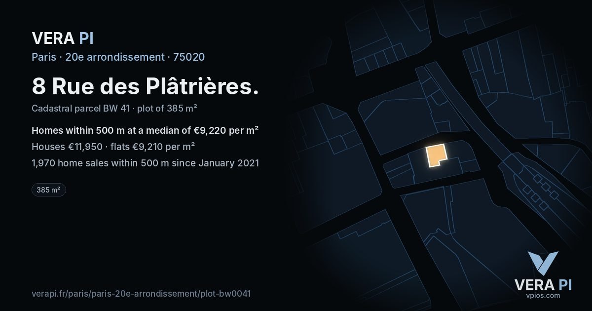 8 Rue des Plâtrières, 20e arrondissement at night – the plot lit, the parcels around coloured by the prices near them