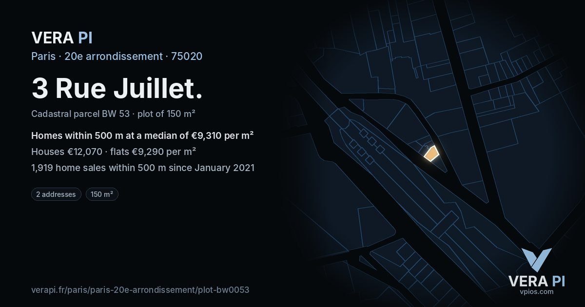 3 Rue Juillet, 20e arrondissement at night – the plot lit, the parcels around coloured by the prices near them