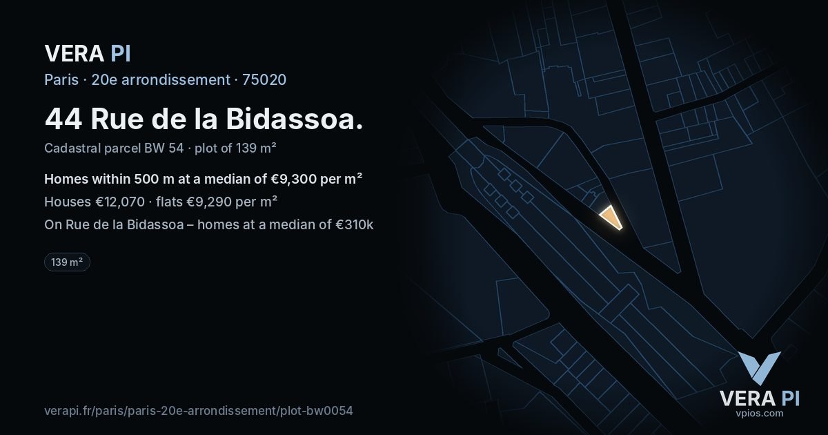 44 Rue de la Bidassoa, 20e arrondissement at night – the plot lit, the parcels around coloured by the prices near them
