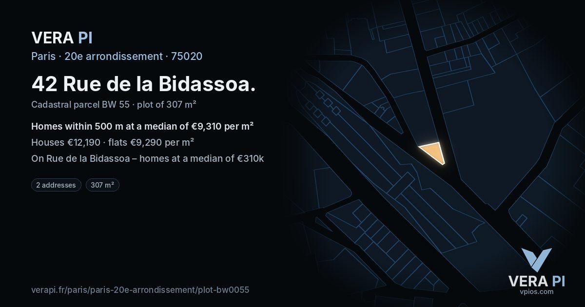42 Rue de la Bidassoa, 20e arrondissement at night – the plot lit, the parcels around coloured by the prices near them