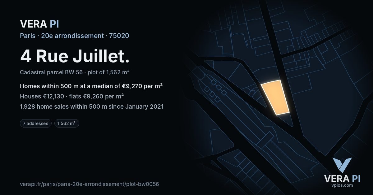 4 Rue Juillet, 20e arrondissement at night – the plot lit, the parcels around coloured by the prices near them