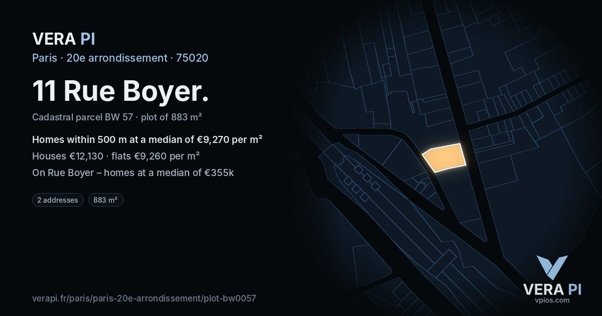 11 Rue Boyer, 20e arrondissement at night – the plot lit, the parcels around coloured by the prices near them