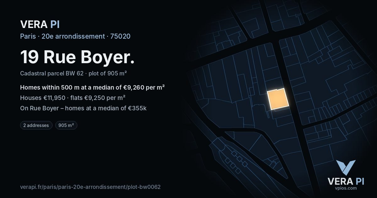 19 Rue Boyer, 20e arrondissement at night – the plot lit, the parcels around coloured by the prices near them