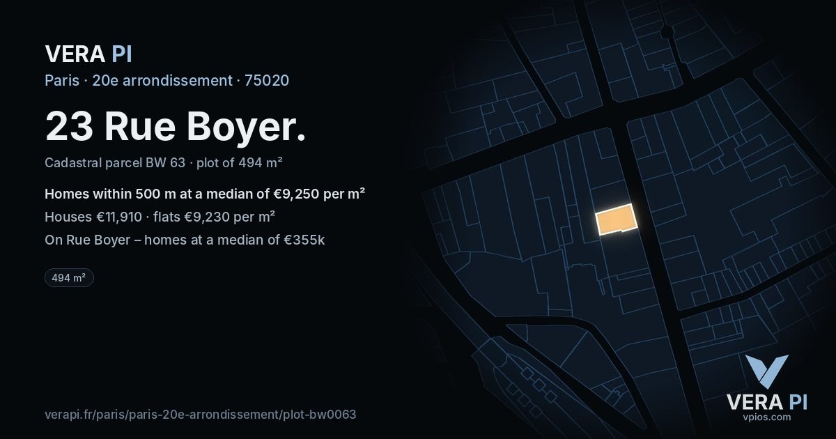 23 Rue Boyer, 20e arrondissement at night – the plot lit, the parcels around coloured by the prices near them