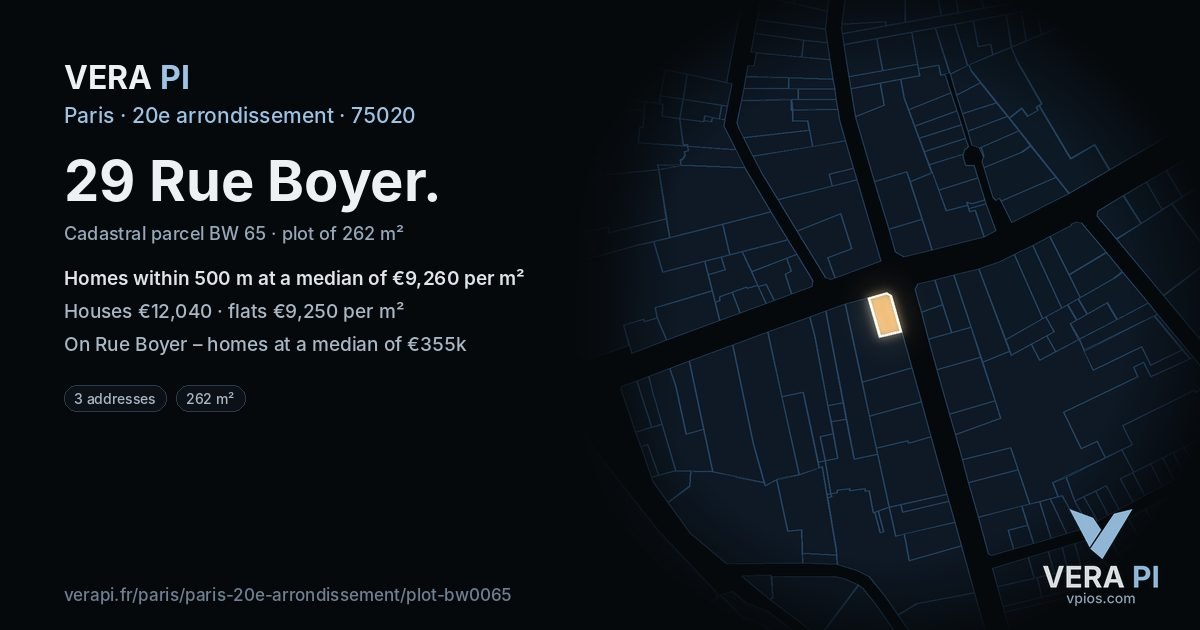 29 Rue Boyer, 20e arrondissement at night – the plot lit, the parcels around coloured by the prices near them