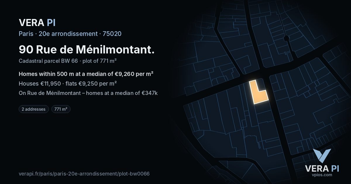 90 Rue de Ménilmontant, 20e arrondissement at night – the plot lit, the parcels around coloured by the prices near them