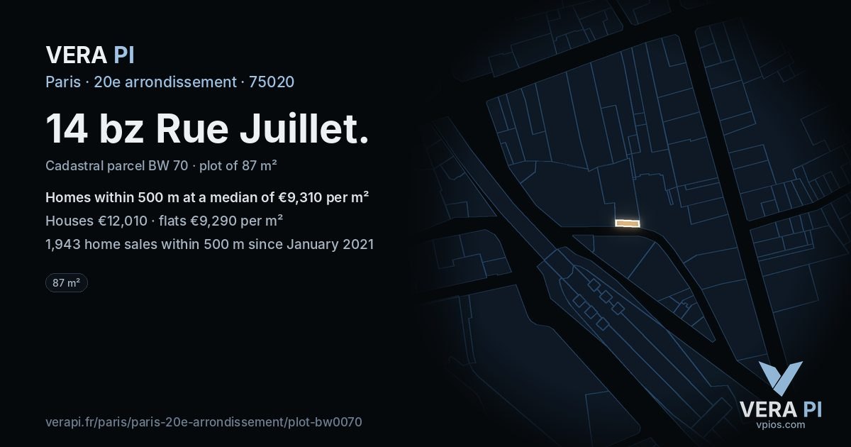 14 bz Rue Juillet, 20e arrondissement at night – the plot lit, the parcels around coloured by the prices near them
