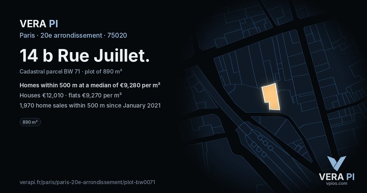14 b Rue Juillet, 20e arrondissement at night – the plot lit, the parcels around coloured by the prices near them
