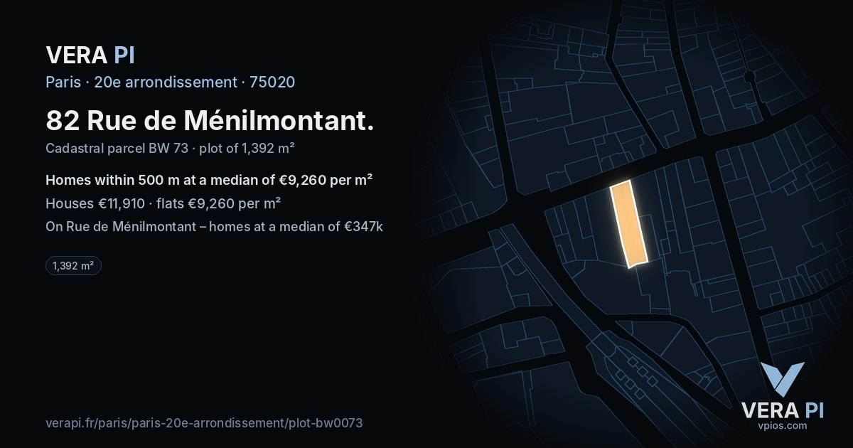 82 Rue de Ménilmontant, 20e arrondissement at night – the plot lit, the parcels around coloured by the prices near them