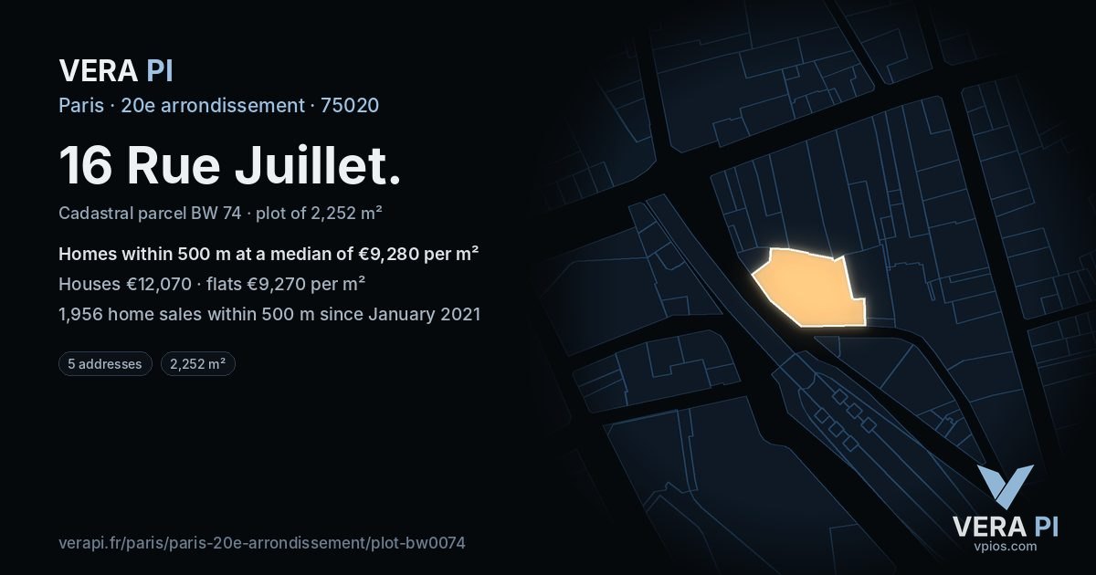 16 Rue Juillet, 20e arrondissement at night – the plot lit, the parcels around coloured by the prices near them