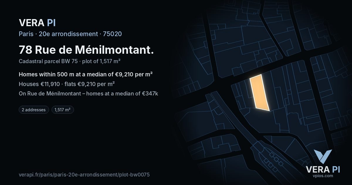 78 Rue de Ménilmontant, 20e arrondissement at night – the plot lit, the parcels around coloured by the prices near them