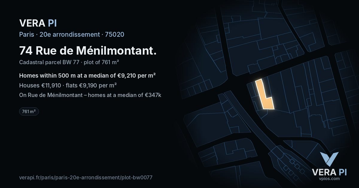 74 Rue de Ménilmontant, 20e arrondissement at night – the plot lit, the parcels around coloured by the prices near them