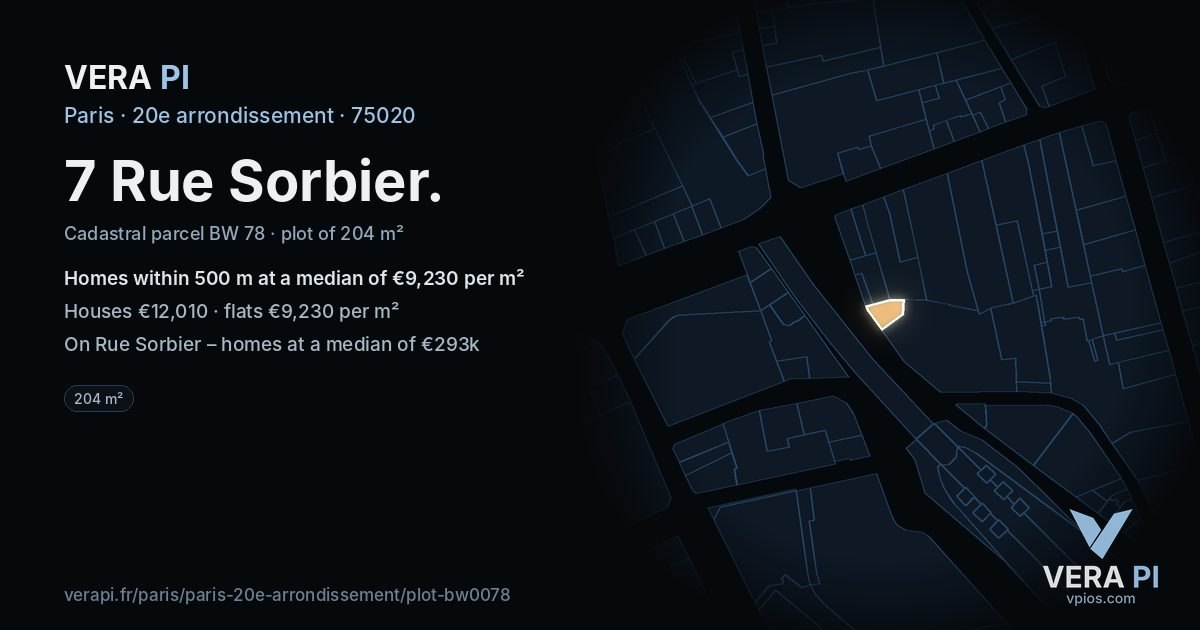 7 Rue Sorbier, 20e arrondissement at night – the plot lit, the parcels around coloured by the prices near them