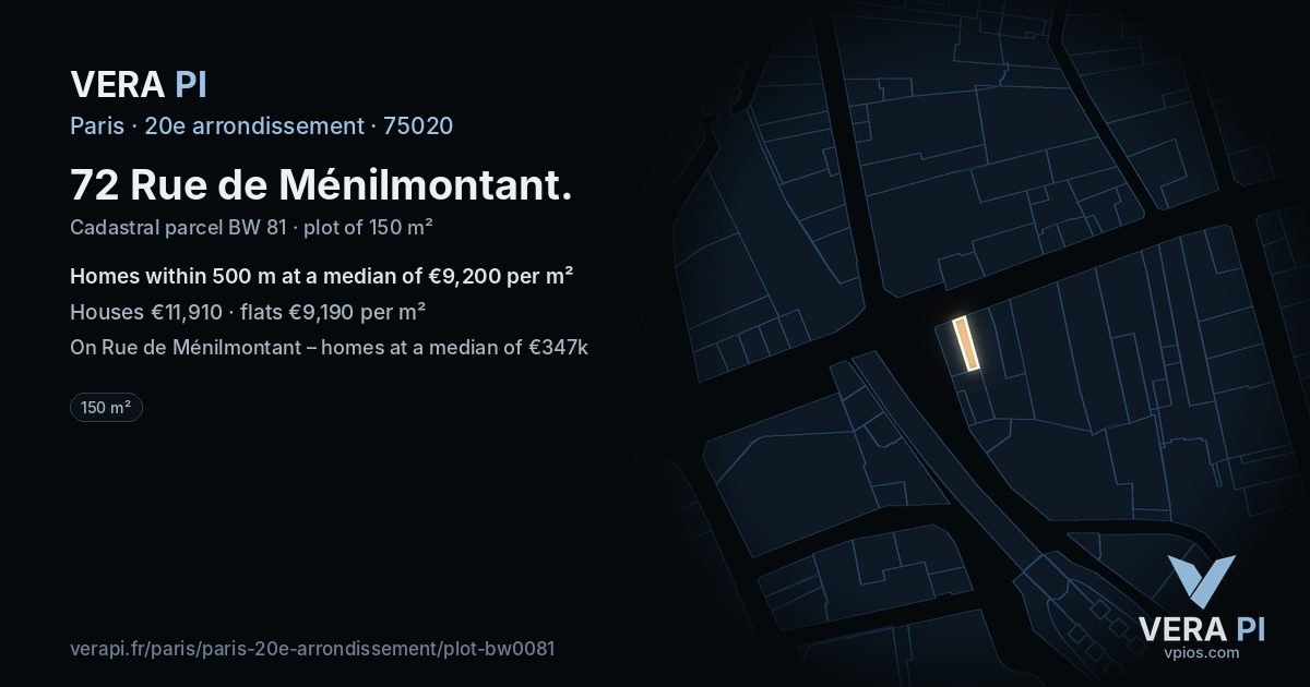 72 Rue de Ménilmontant, 20e arrondissement at night – the plot lit, the parcels around coloured by the prices near them