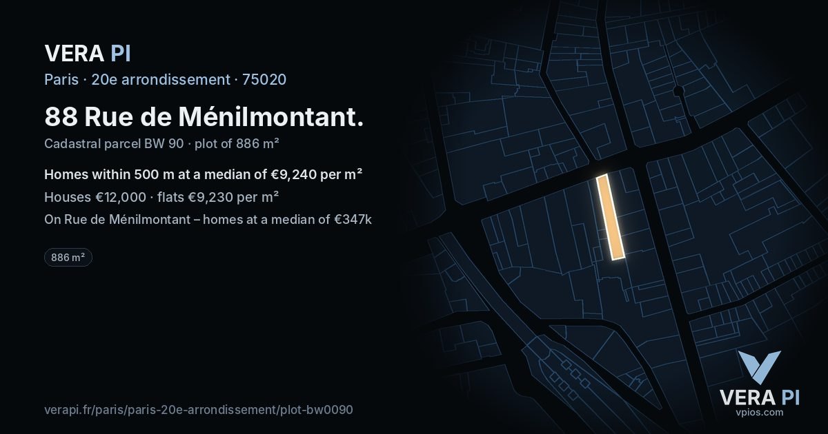 88 Rue de Ménilmontant, 20e arrondissement at night – the plot lit, the parcels around coloured by the prices near them