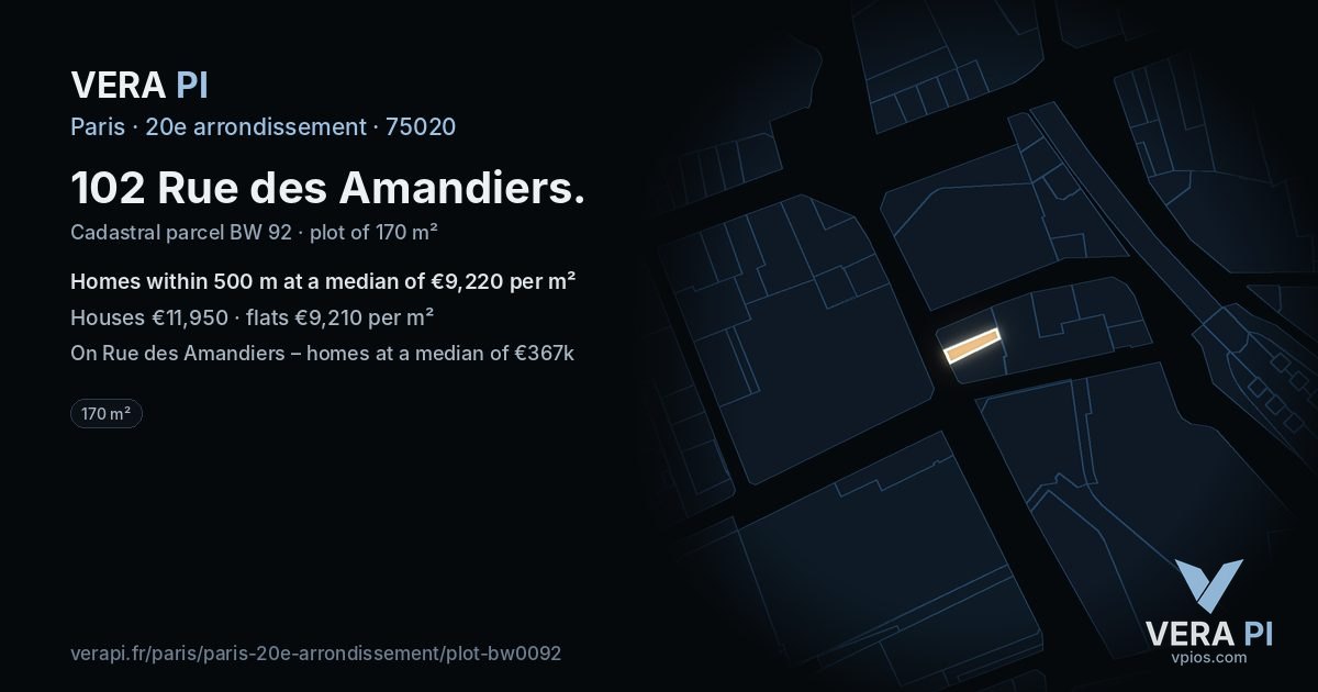 102 Rue des Amandiers, 20e arrondissement at night – the plot lit, the parcels around coloured by the prices near them
