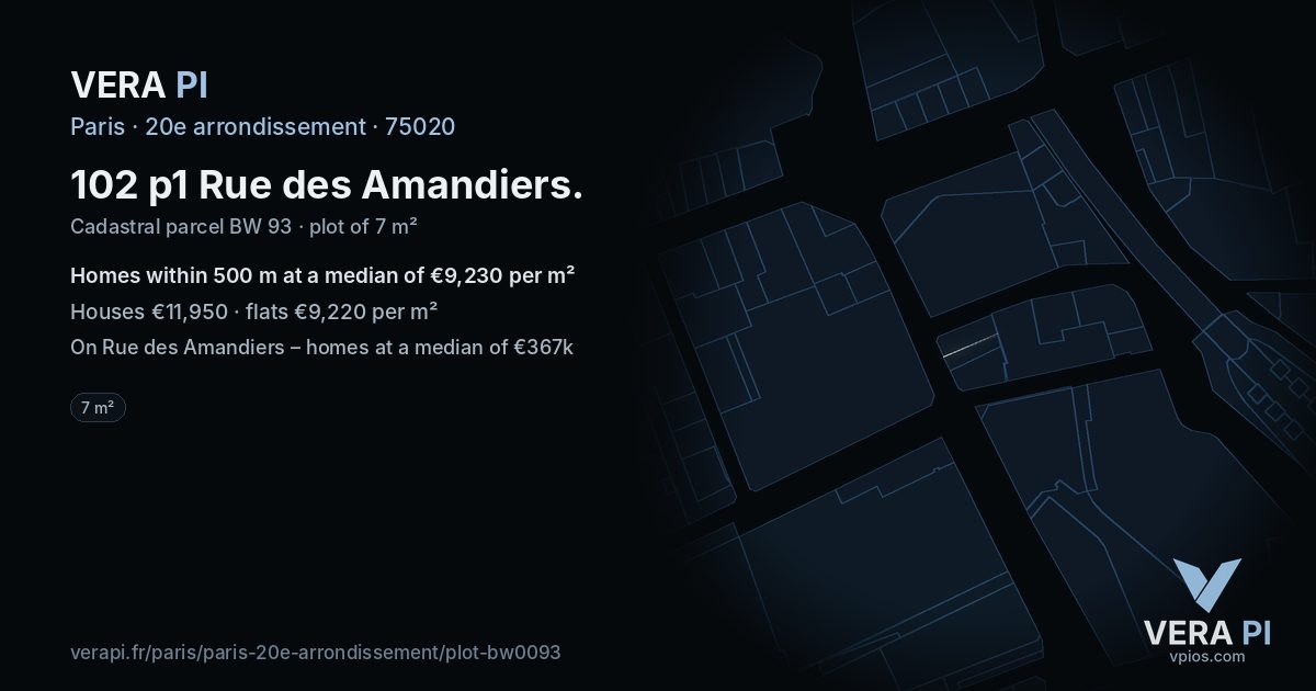 102 p1 Rue des Amandiers, 20e arrondissement at night – the plot lit, the parcels around coloured by the prices near them