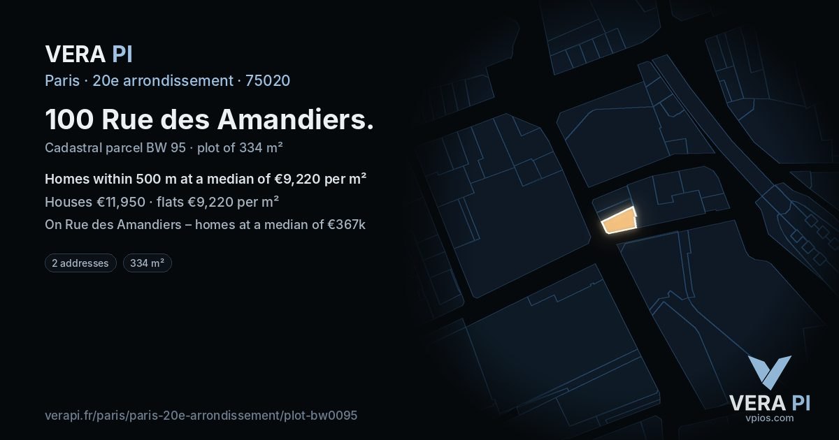 100 Rue des Amandiers, 20e arrondissement at night – the plot lit, the parcels around coloured by the prices near them